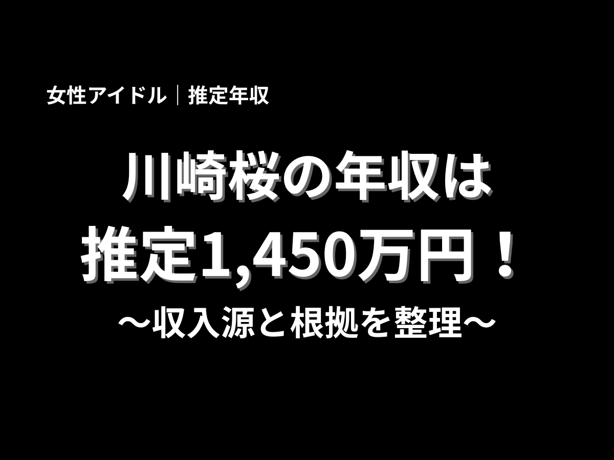 川崎桜の年収は推定1,450万円と伝えるアイキャッチ画像。女性アイドル川崎桜の推定年収、収入源、根拠を分かりやすく紹介するブログ記事用バナー